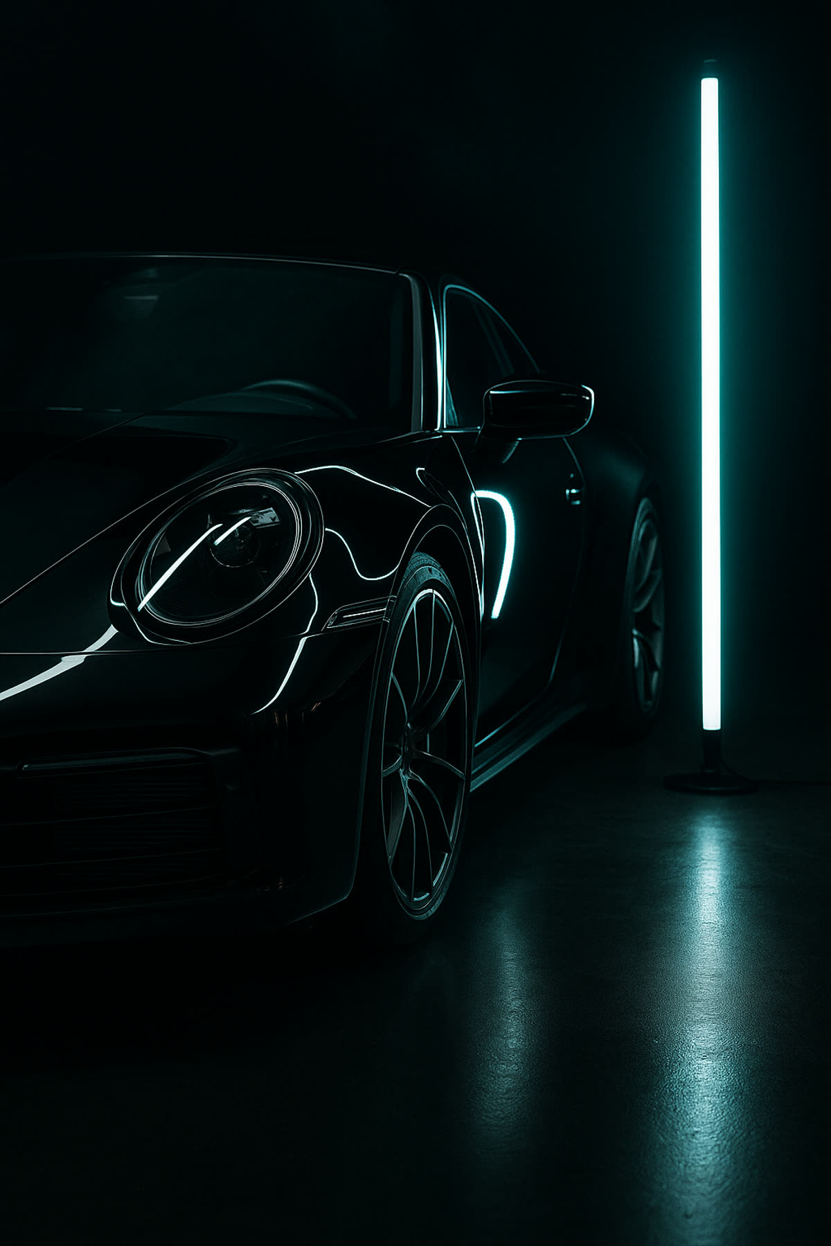 Coated coupe under linear inspection lighting