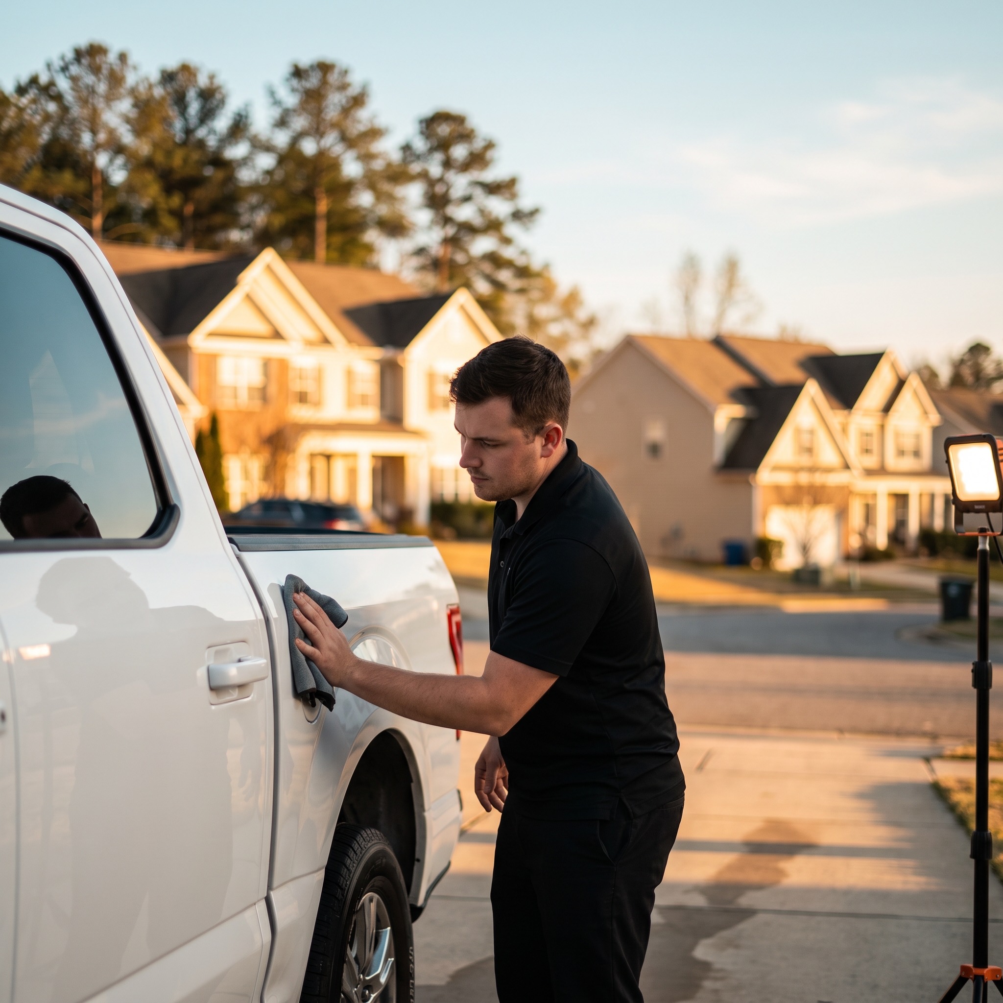 A vehicle being detailed in a Fayetteville driveway