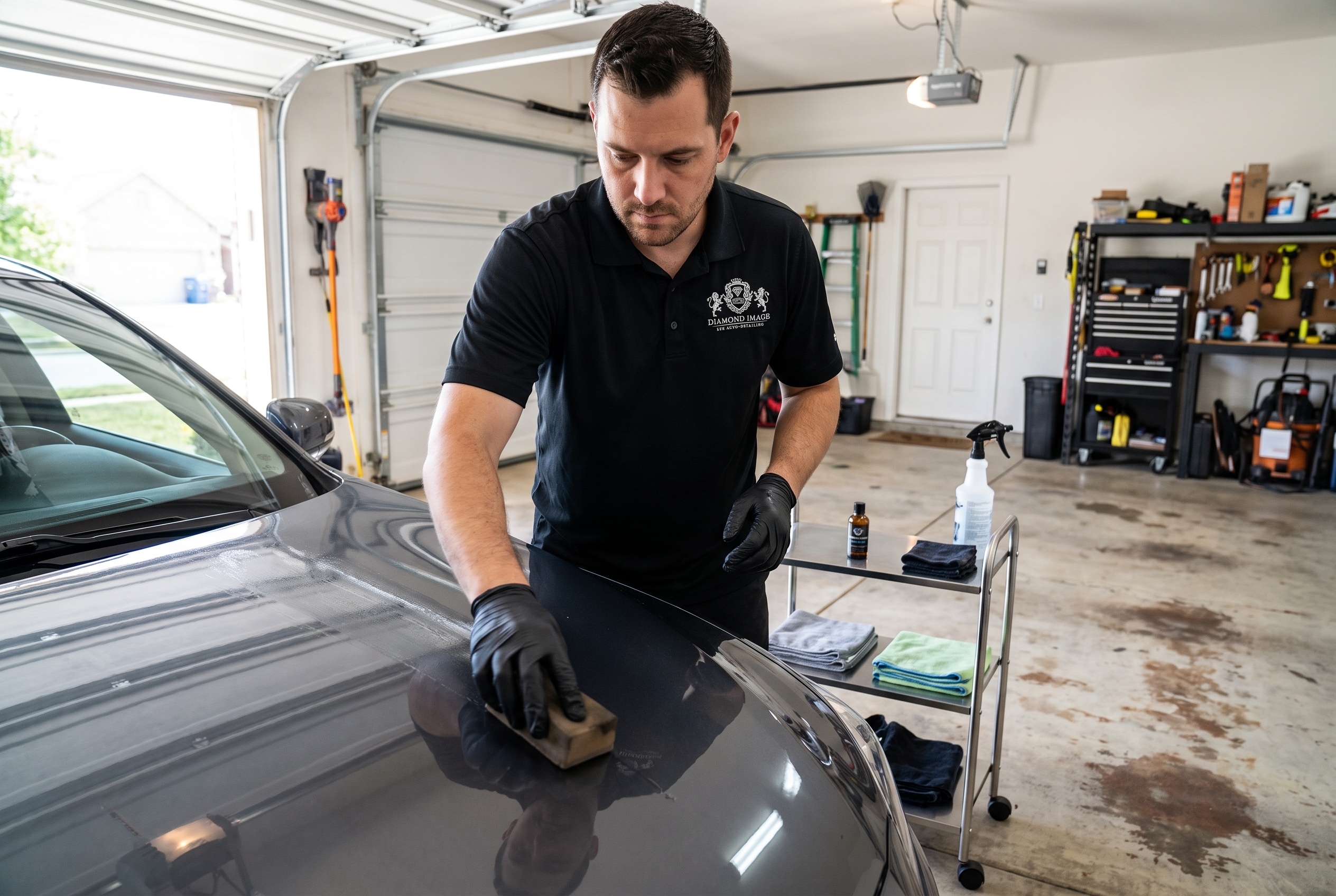 Detailer working paint in a client garage