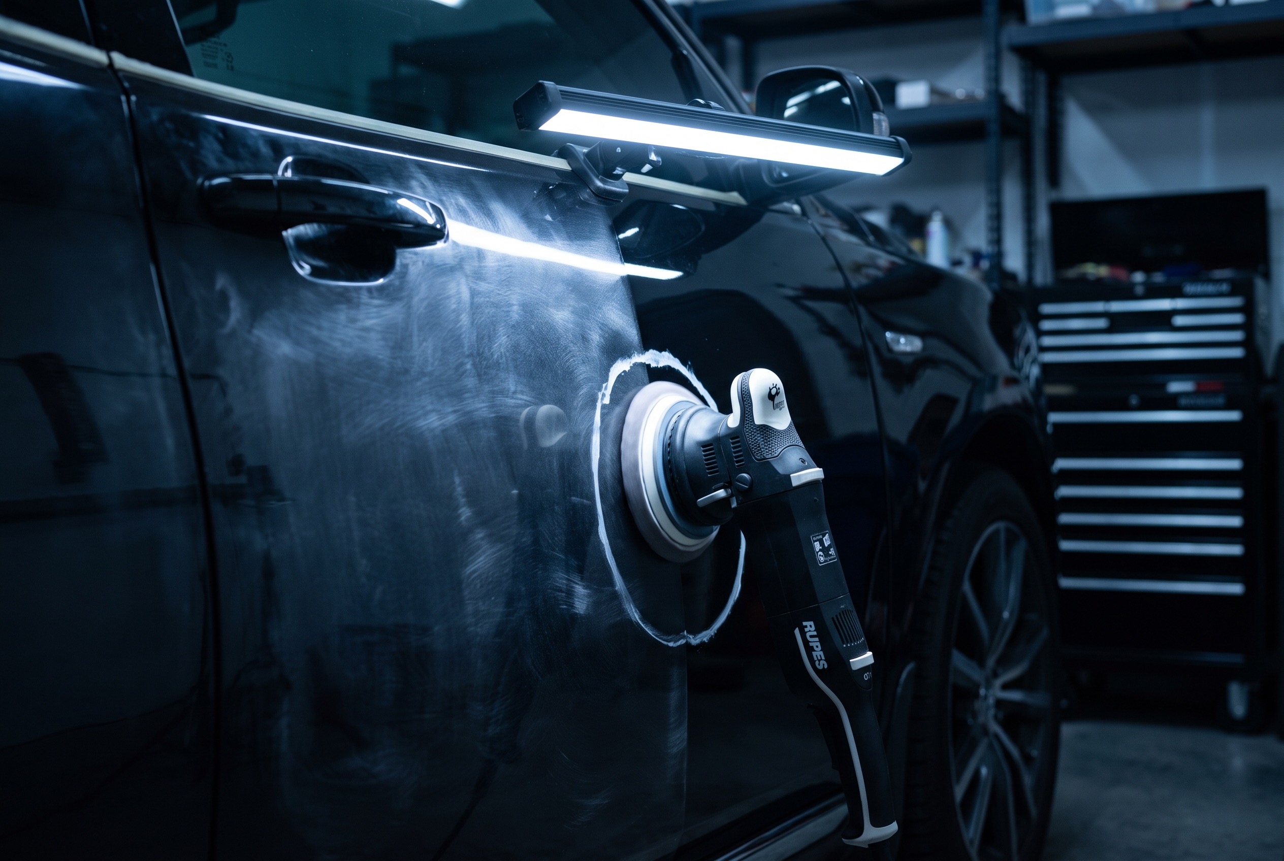 Machine polisher working a dark panel