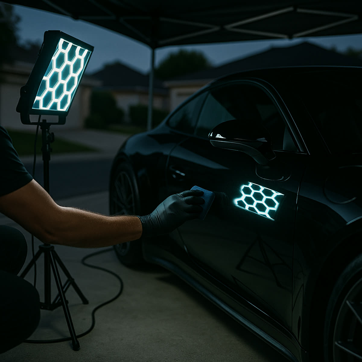 Paint inspected under a hex light panel during correction